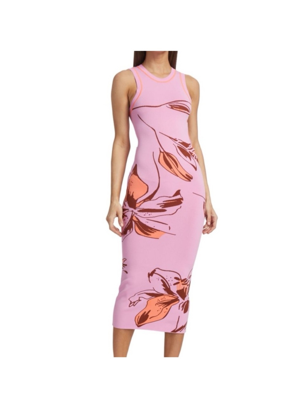 Tanya Taylor Nadine Pink Midi Dress with Orange Floral Print